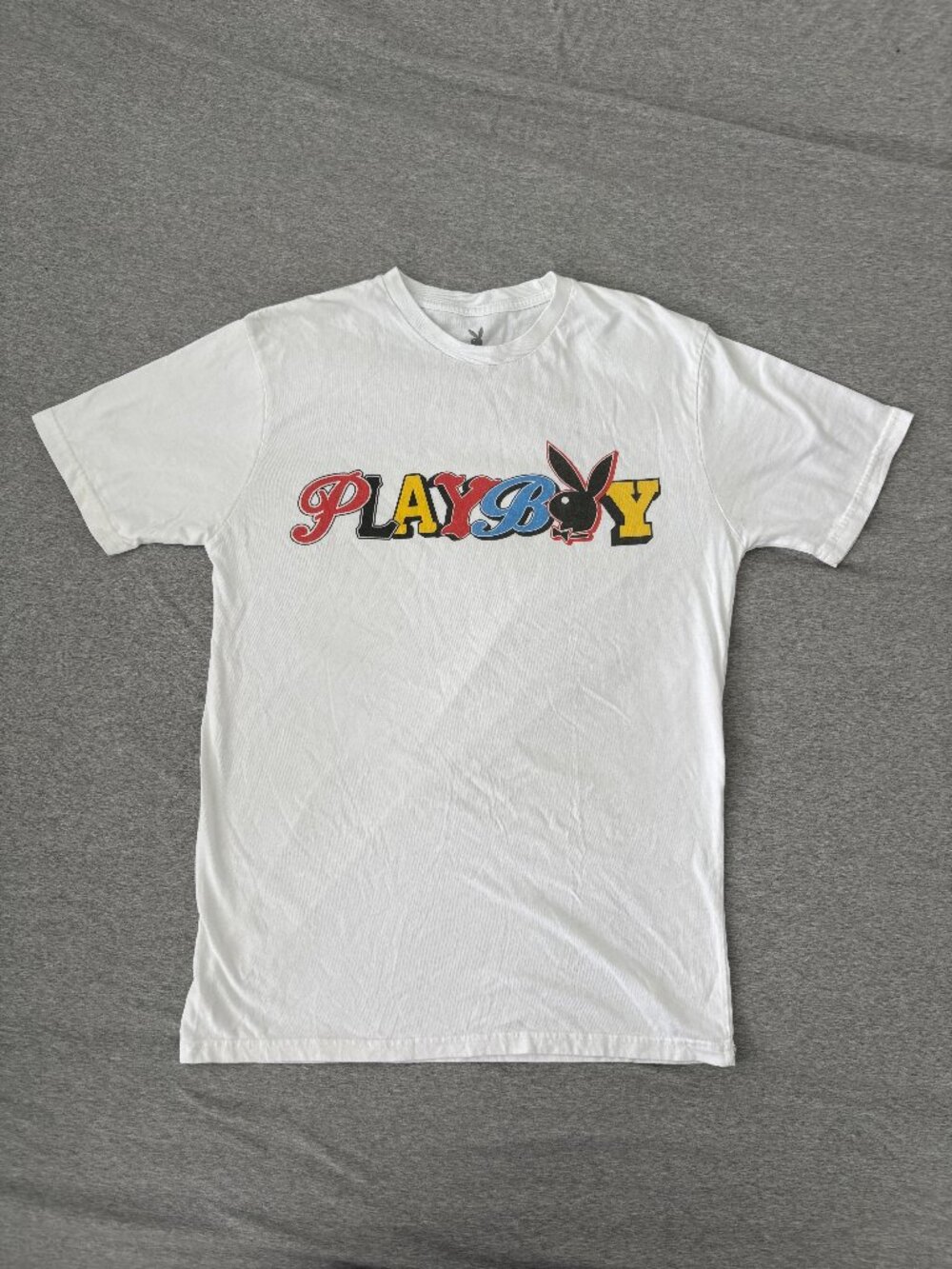Playboy Varsity Graphic Tee Mens M White Spell Out Multi Font Retro Streetwear